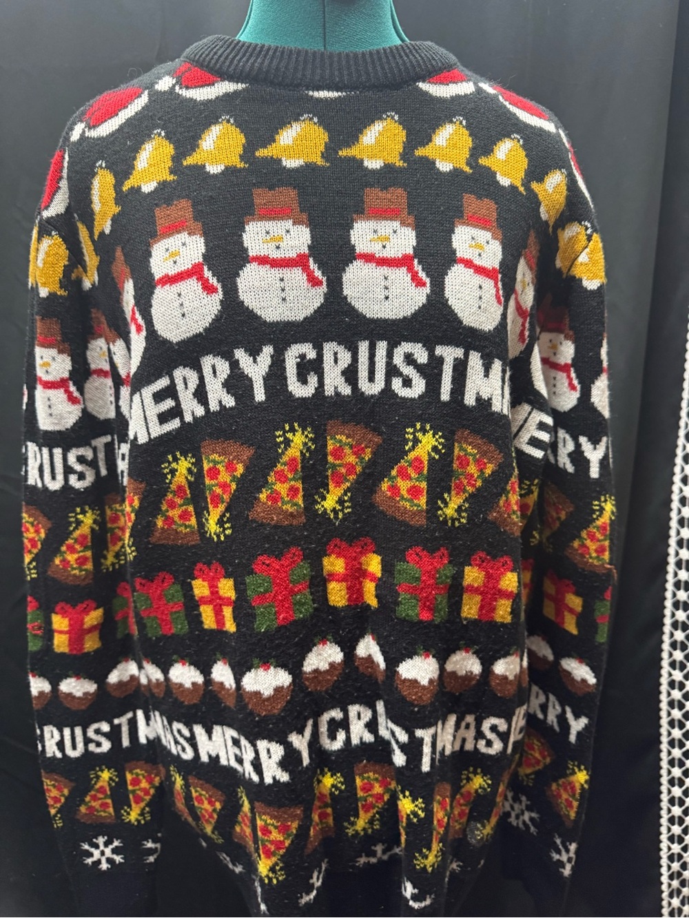 Divided Black Holiday Crewneck Sweater with Festive Motifs